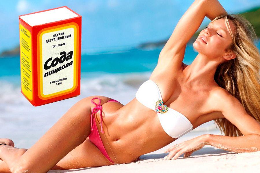 Packing baking soda on the background of a girl on the beach