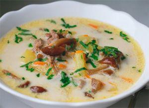 Soup in a white plate of honey mushrooms