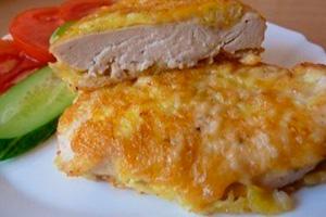 Chicken with cheese crust on a plate