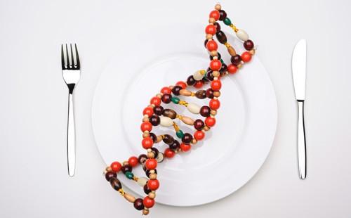 Molécula de ADN en un plato blanco con un tenedor y una cuchara