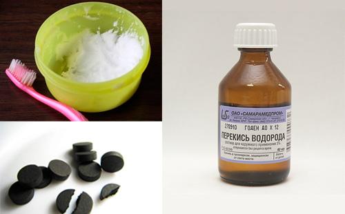 Activated charcoal in tablets, hydrogen peroxide, gruel from soda