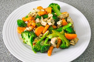 Cooked chicken with vegetables on a plate