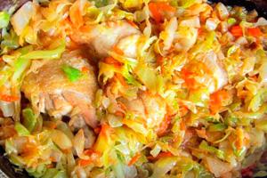 Cooked chicken with carrots and cabbage