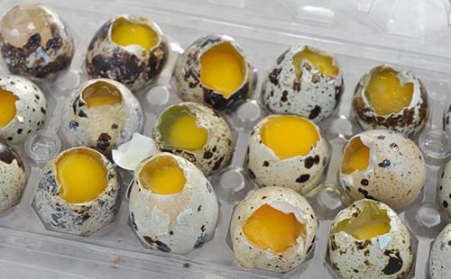 Broken quail eggs in a tray