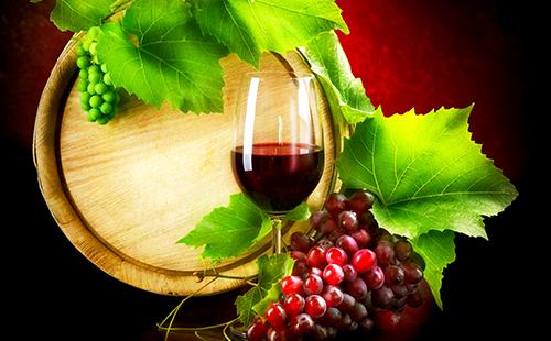 Verre de vin rouge sur fond de tonneau et feuilles de vigne.