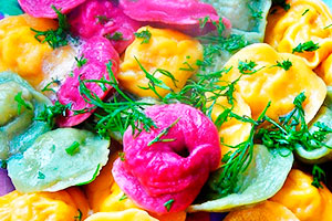 Colored dumplings with radish