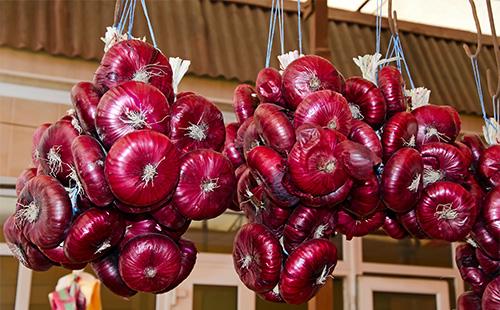 Red onions hanging in a bunch