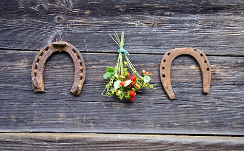 Two horseshoes and a bouquet of wild strawberries
