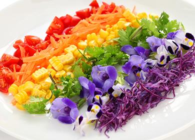 Rainbow salata: kuhati u slojevima, slajdovima, lukovima i krugovima