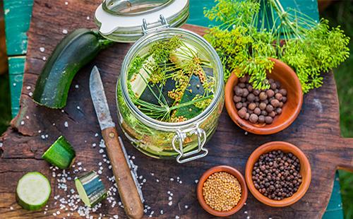 Assaisonnement et verts pour le salage des courgettes