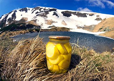 Bank with canned zucchini on a background of mountains