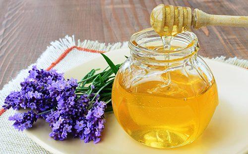Jar of honey and a sprig of fragrant lavender
