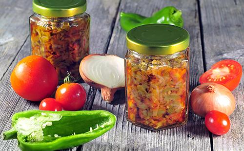 Canned Tomatoes, Peppers and Onions in a Jar