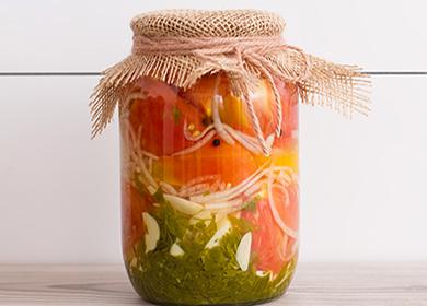Jar with canned tomatoes and herbs