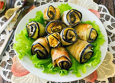 Eggplant rolls with lettuce on a plate