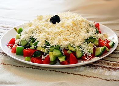 Dish of vegetable salad with feta cheese