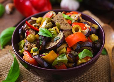 Eggplant, peppers, olives and greens stew