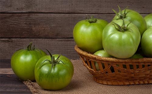 Unripe tomatoes in a basket