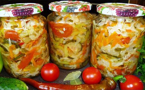 Salad with cabbage and vegetables in jars
