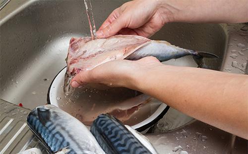 Woman washes mackerel
