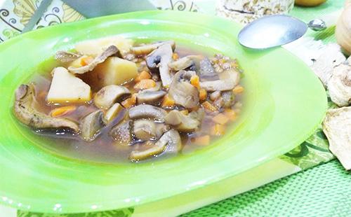Soupe aux champignons dans une assiette verte