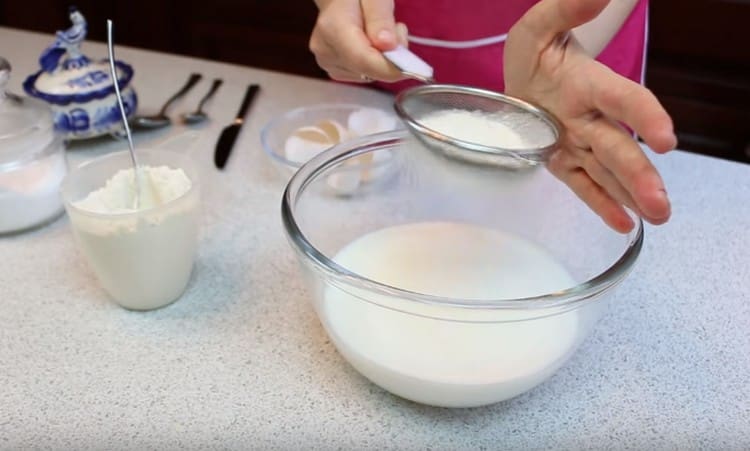 Add flour to milk and eggs.