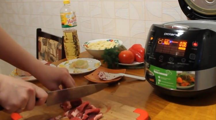 Cut the beef into small pieces, put it in the bowl of the device.