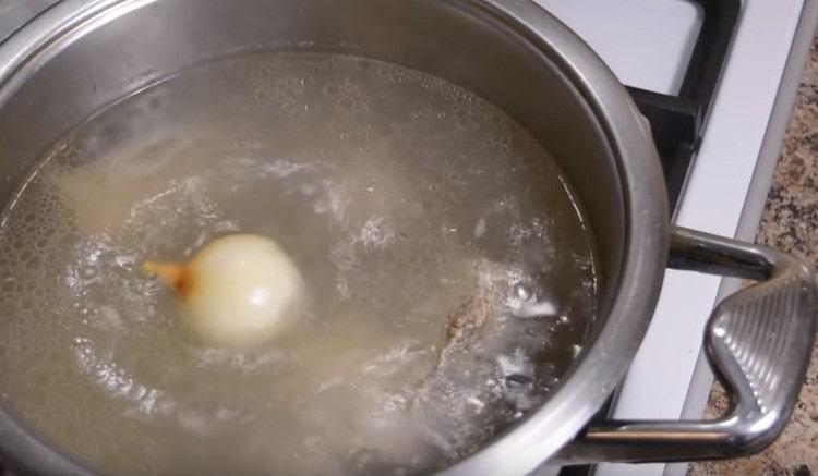 Agregue la cebolla al caldo hervido.