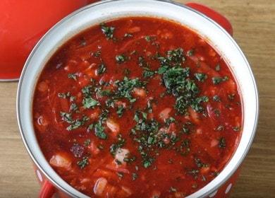 The traditional recipe for Ukrainian borsch on pork and beef meat broth