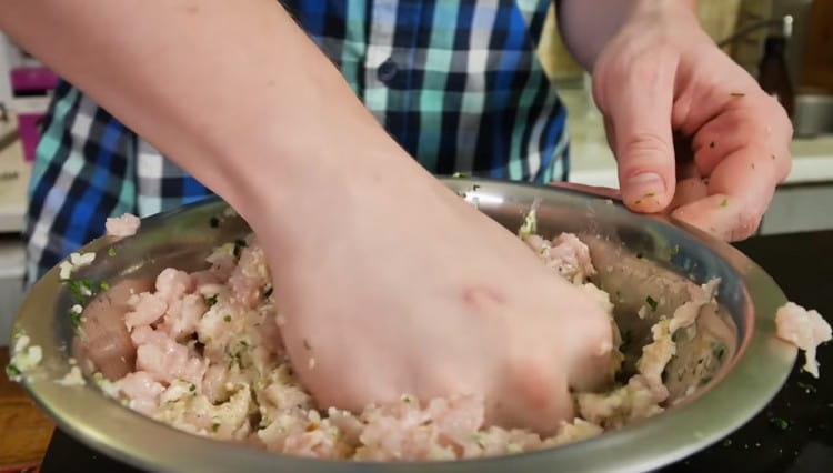 Add salt, spices, parsley to the minced meat and mix well.