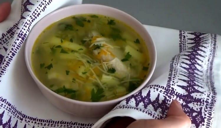 Chicken soup with noodles and potatoes is not only tasty, but also healthy.