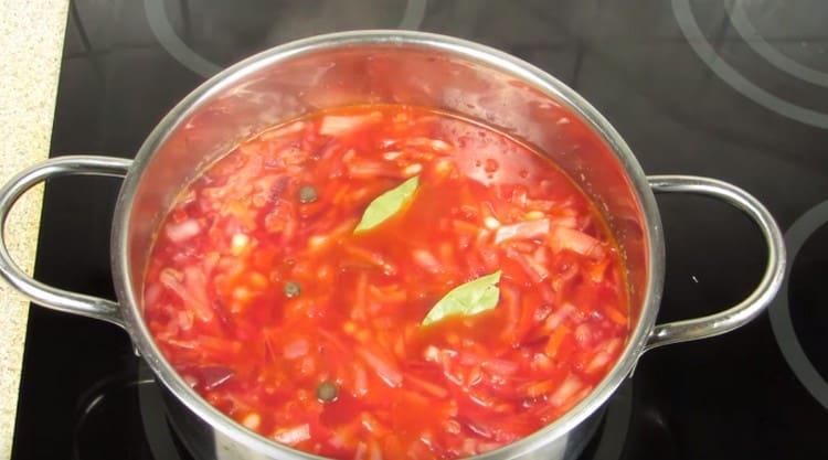 At the end of cooking, add bay leaf and peppercorns to the dish.