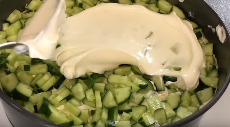 Grease the cucumber layer with mayonnaise.