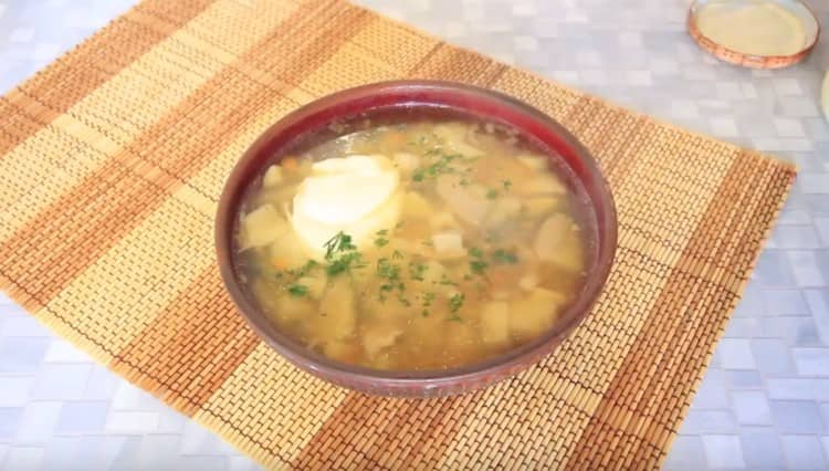 Lorsque vous servez dans une soupe aux champignons porcini, vous pouvez ajouter de la crème sure.