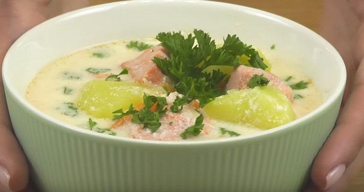 Une soupe de poisson rouge à la crème vous aidera à diversifier votre dîner en famille d'une manière exquise.