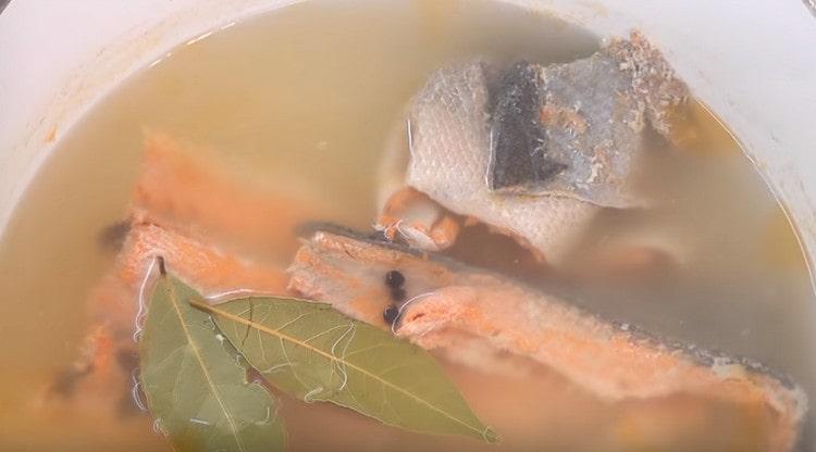 Llene las crestas, la piel y los huesos grandes con agua y póngalo a cocinar, agregue pimienta y laurel al caldo hervido.