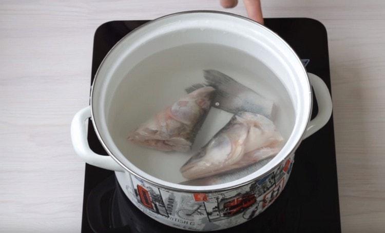 We put the head and tail of the fish in a pan, fill it with water and set to cook.