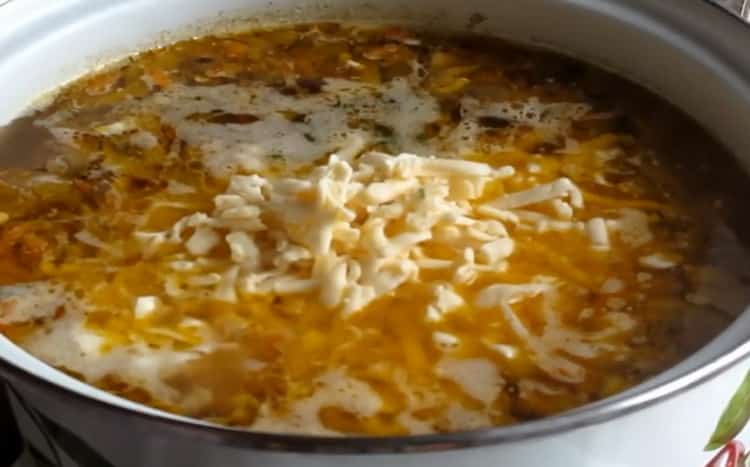 Para hacer sopa de champiñones con queso, agregue todos los ingredientes a la sartén