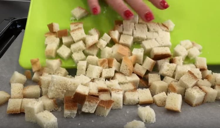 Croutons are sent to dry in the oven.
