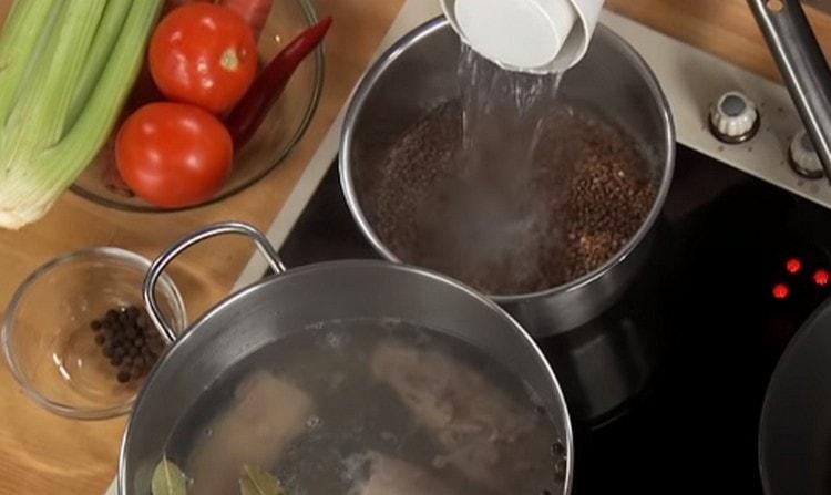 Cook the buckwheat in a separate pan until cooked.