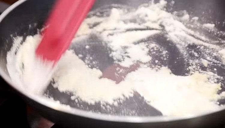 Fry the flour in a separate dry pan.