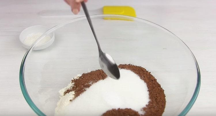 Ajouter la levure chimique, le sucre et la vanille.