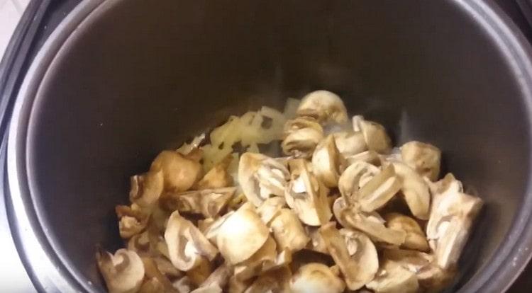 U zdjelu za multi-kuhanje položite luk, a zatim gljive.