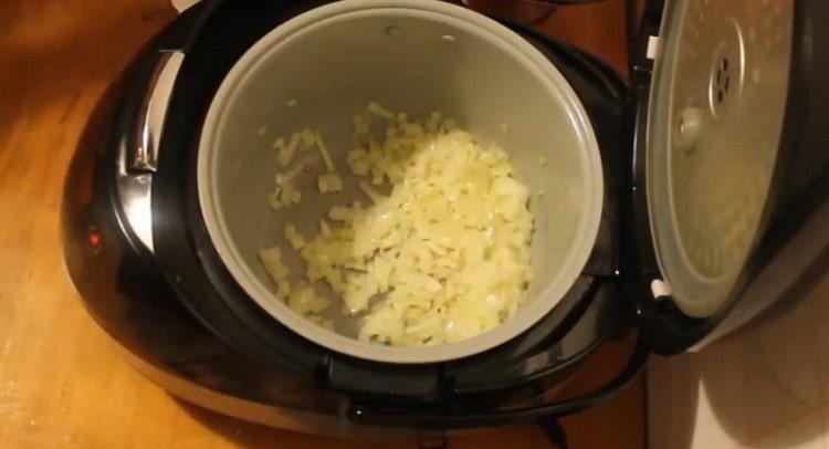 We spread the chopped onions in a slow cooker.