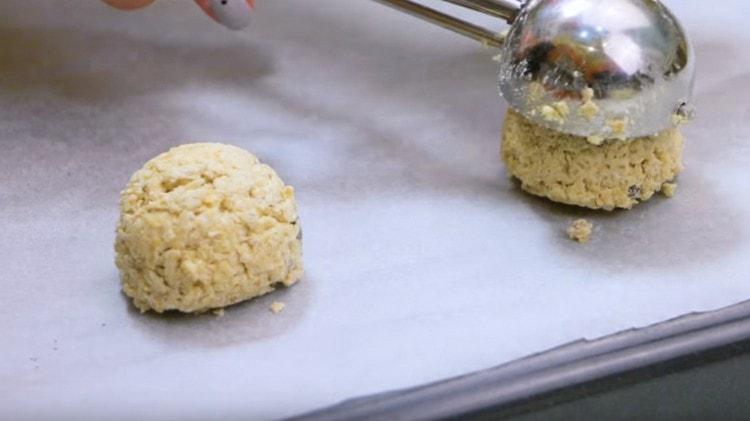 Nous étendons les flans de biscuit sur une plaque à pâtisserie recouverte de papier sulfurisé.