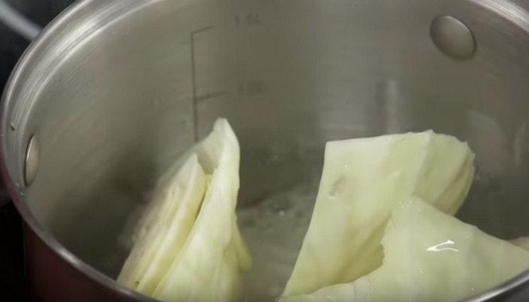 We put a piece of cabbage in water to boil.