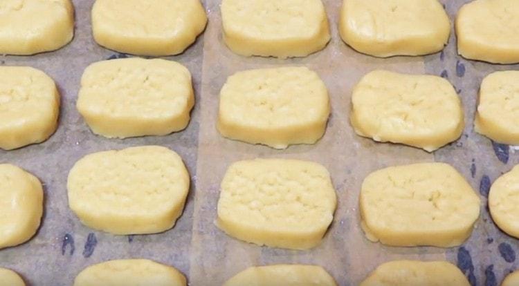 Extendemos las galletas en una bandeja para hornear cubierta con pergamino y las enviamos al horno.