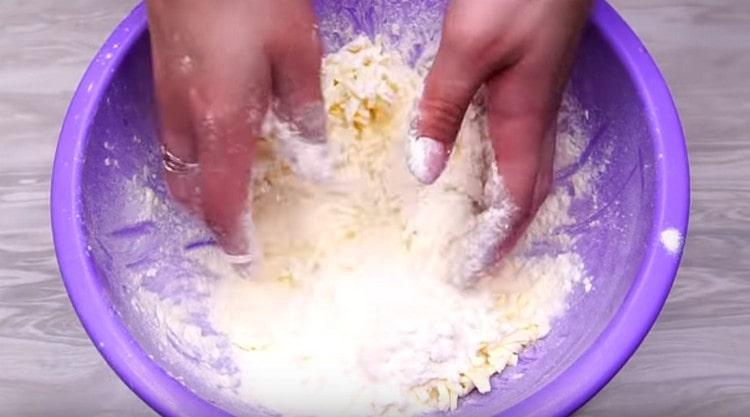 Grind butter and flour into crumbs.