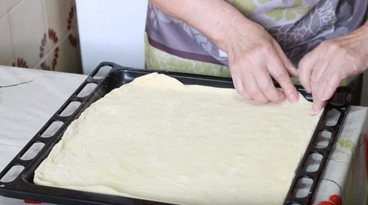 Au fond du moule, étaler une moitié de la pâte avec une couche.