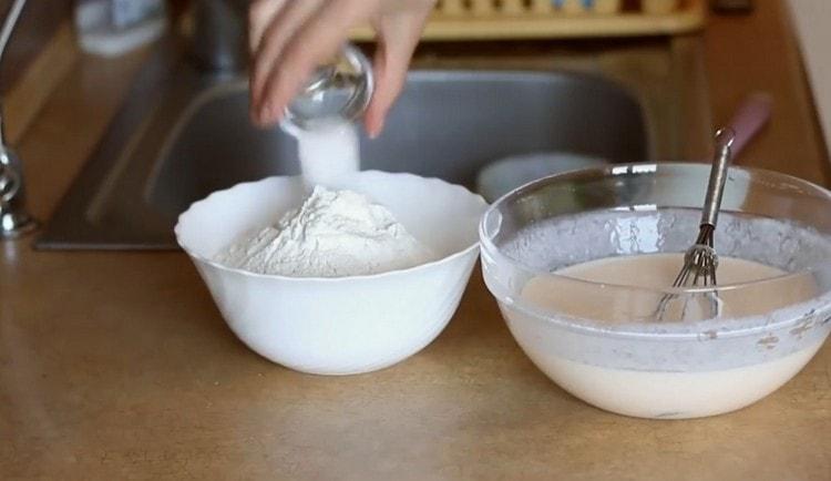Combine flour with salt, sugar and soda.